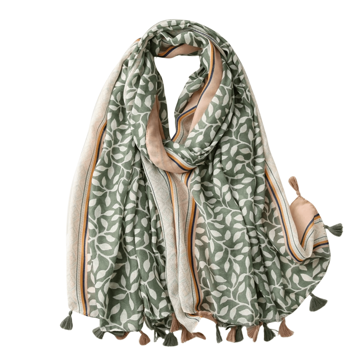 Beautiful Nature Inspired Leafy Scarf with Tassels in Soft Greens Multi Scarves - Tophatter Daily Deals