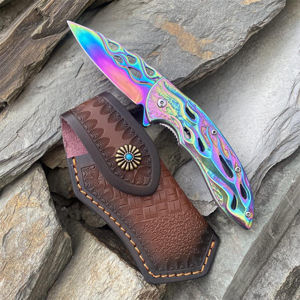 Fantastic Flame Shape Folding Knife Rainbow & Case - Tophatter Daily Deals