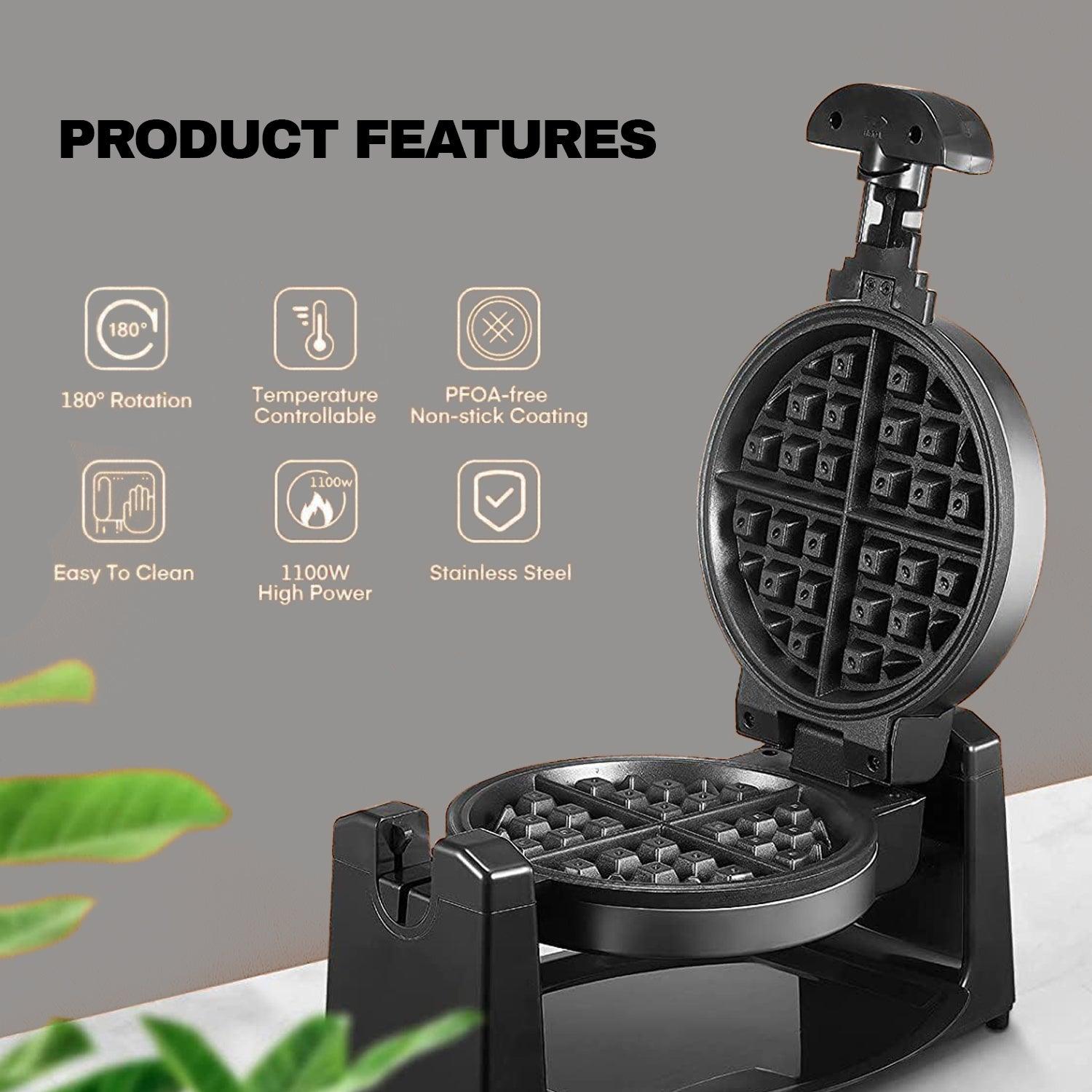 Rotating Waffle Maker - 1000W Non-Stick Rotary Waffle Iron with Auto Temperature Control | Cooks Upto 4 Waffles Electronic - Tophatter Daily Deals