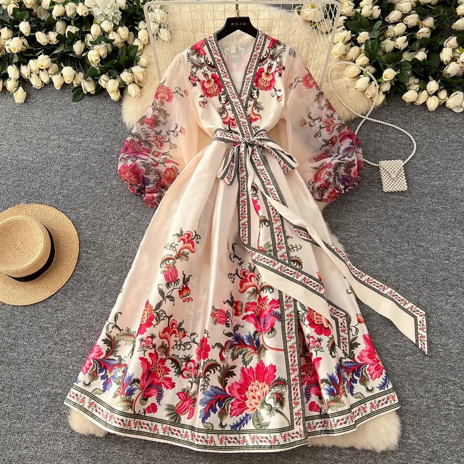Retro Floral Print Bandage Lace Up Wrap Long Dress Maxi Dresses - Tophatter Daily Deals