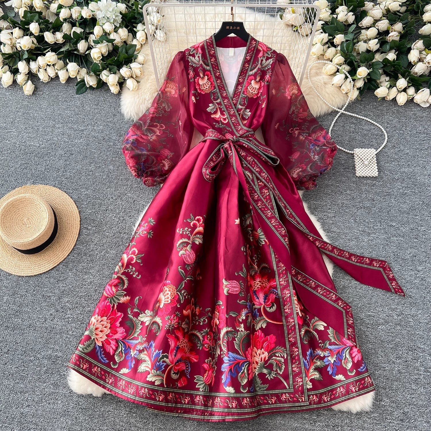 Retro Floral Print Bandage Lace Up Wrap Long Dress Red Maxi Dresses - Tophatter Daily Deals