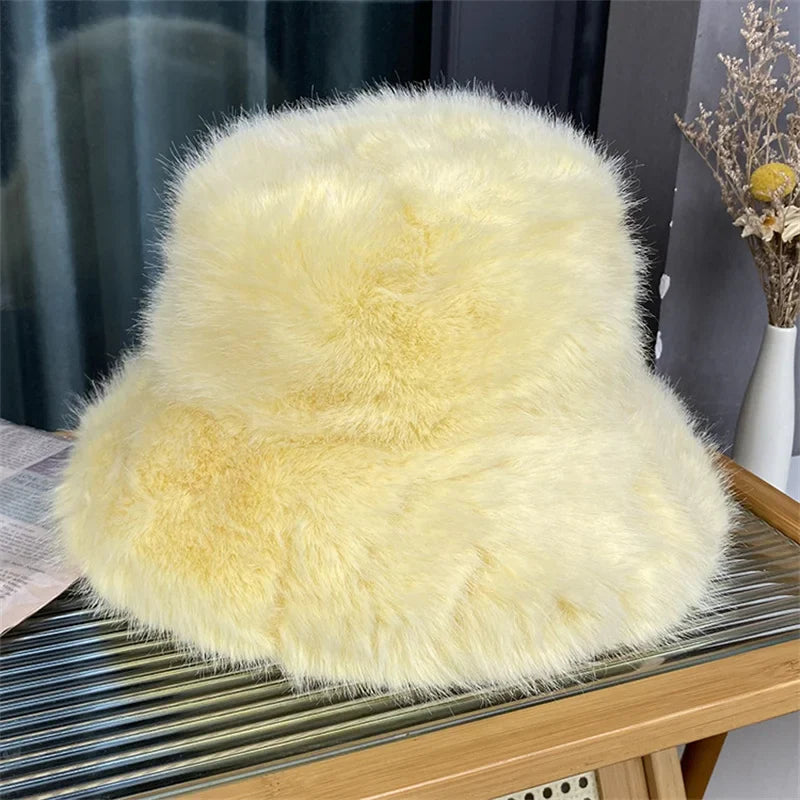 Fluffy Faux Fur Warm Thick Plush Women Yellow Cap - Tophatter Daily Deals