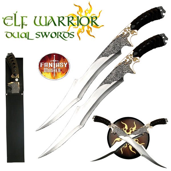 Elf Warrior Dual Swords With Wall Display Plaque and Sheath - Tophatter's Guns'N'Weapons Store - FREE SHIPPING Collectible Weapons - Tophatter Daily Deals