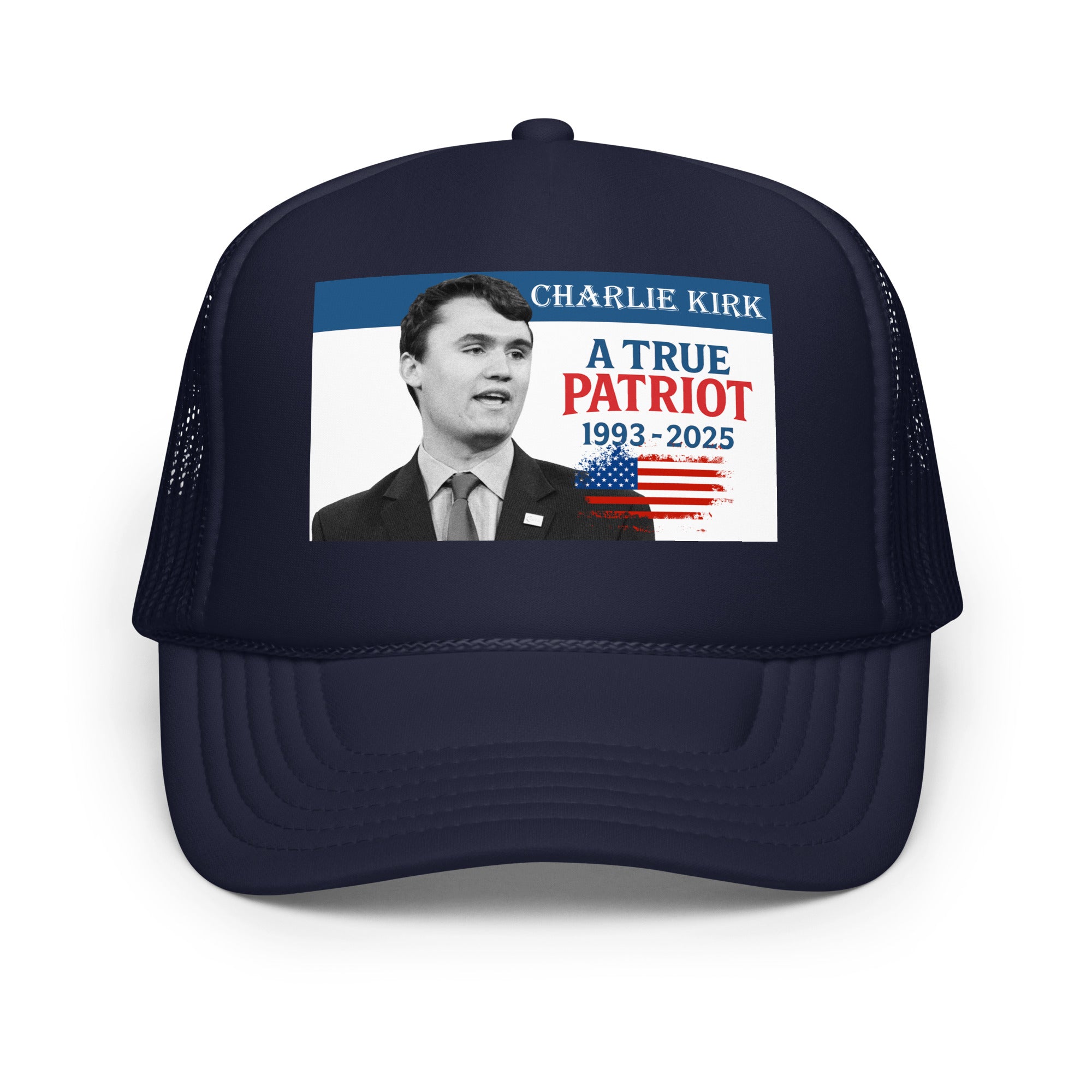 Charlie Kirk Trucker hat, True Patriot 1993-2025 Rip Memorial American Flag Trucker Cap Navy Trucker Hat - Tophatter Daily Deals