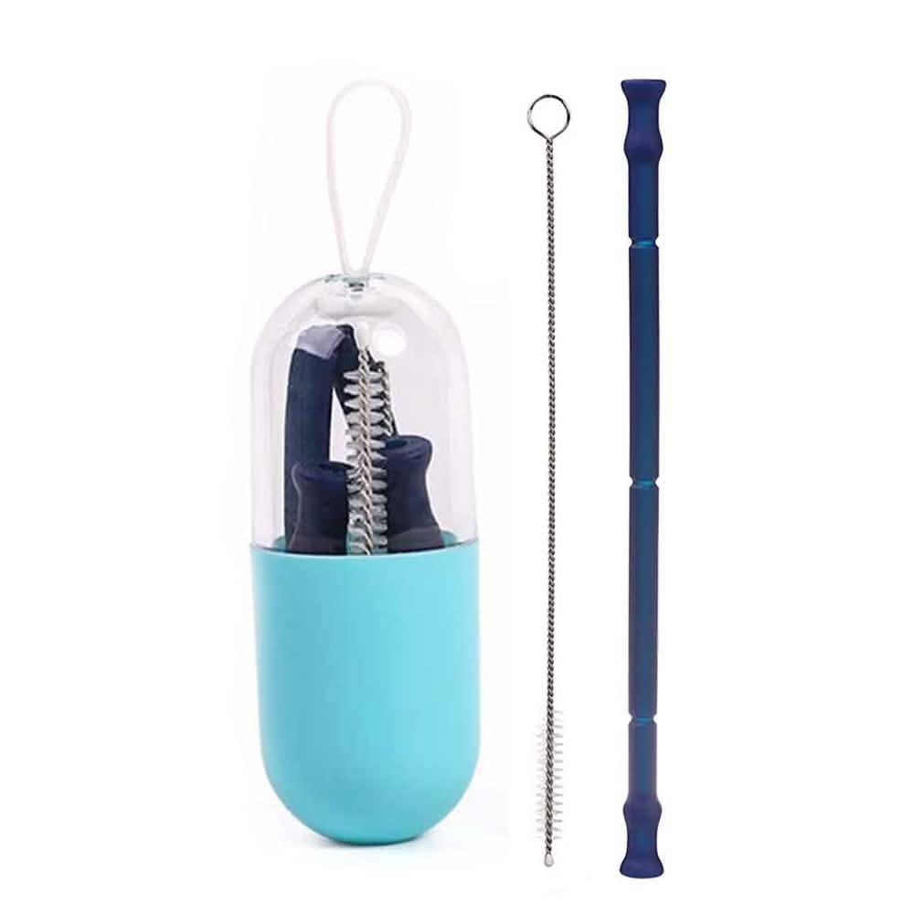 Foldable and Reusable Silicone Drinking Straw with Case Blue Wine & Dining - Tophatter Daily Deals