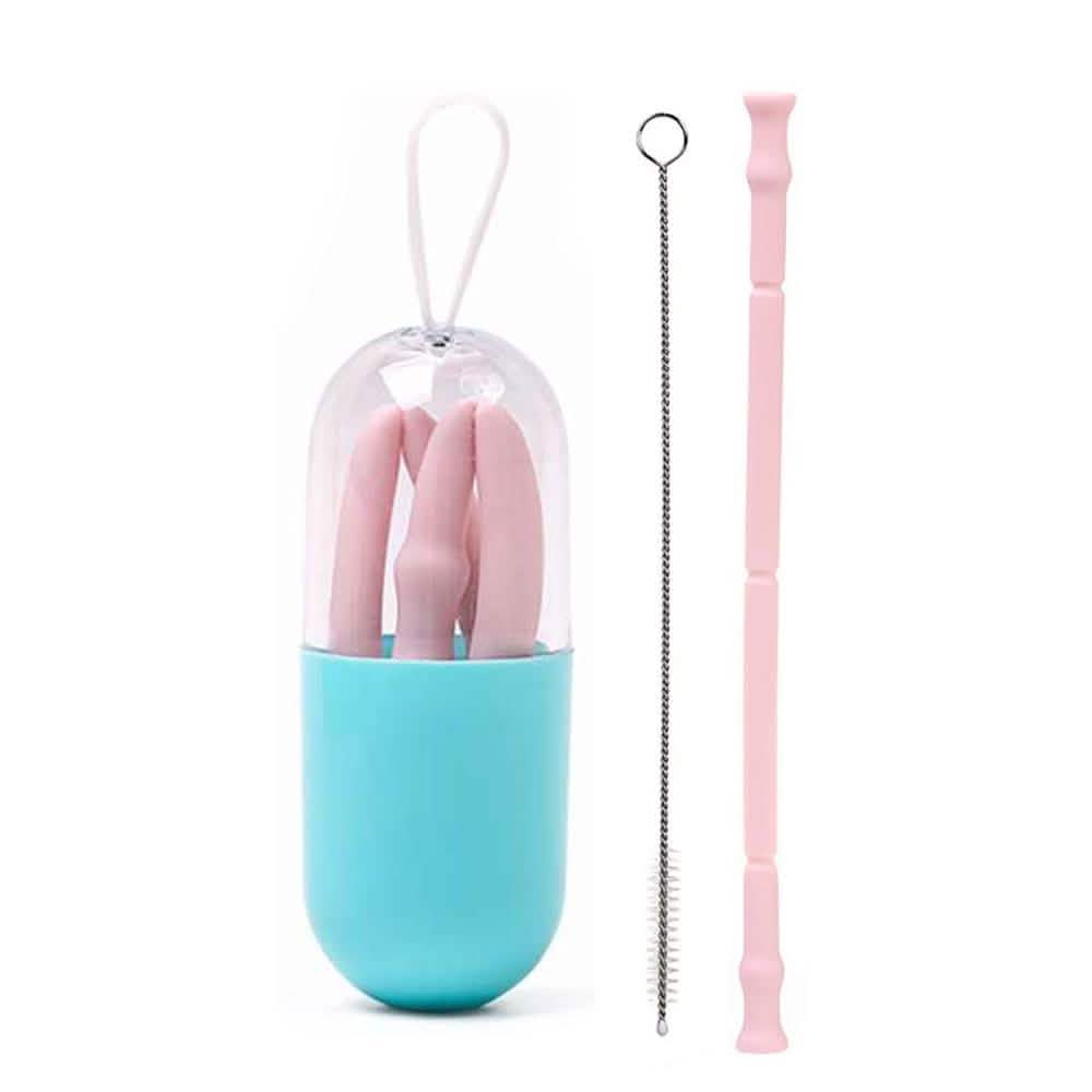 Foldable and Reusable Silicone Drinking Straw with Case Pink Wine & Dining - Tophatter Daily Deals