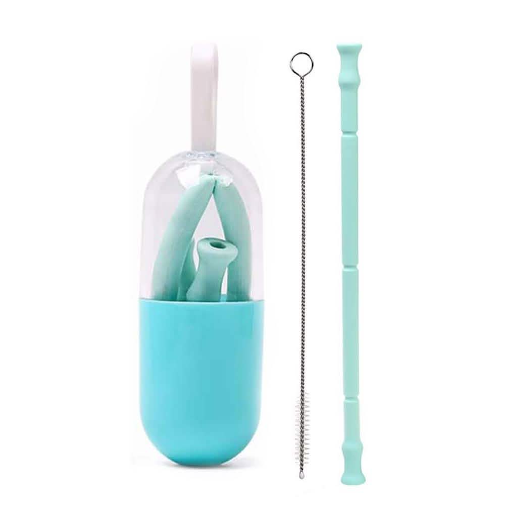 Foldable and Reusable Silicone Drinking Straw with Case Teal Wine & Dining - Tophatter Daily Deals