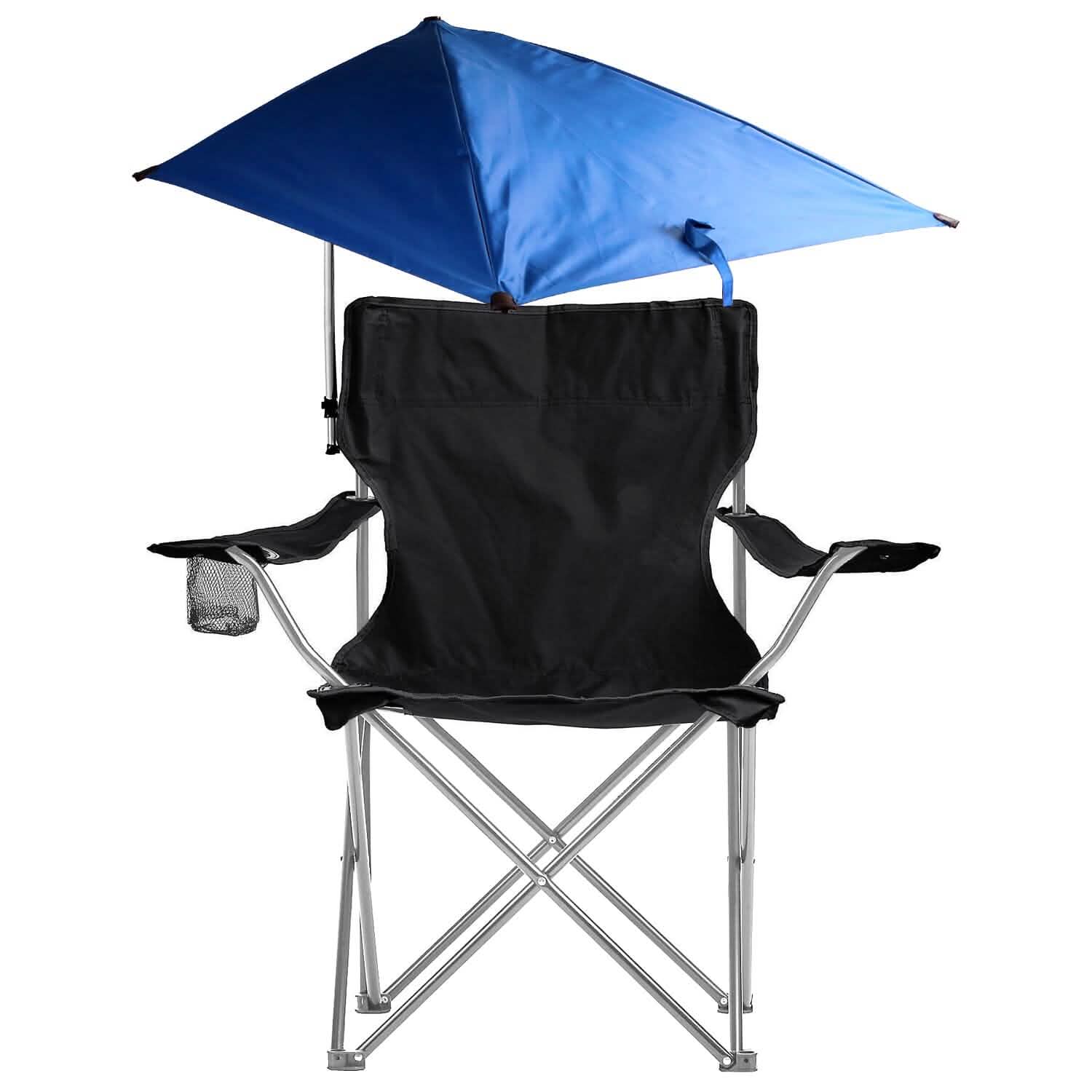 Foldable Beach Chair with Detachable Armrest Adjustable Canopy Stool with Cup Holder Black Outdoor Recreation - Tophatter Daily Deals