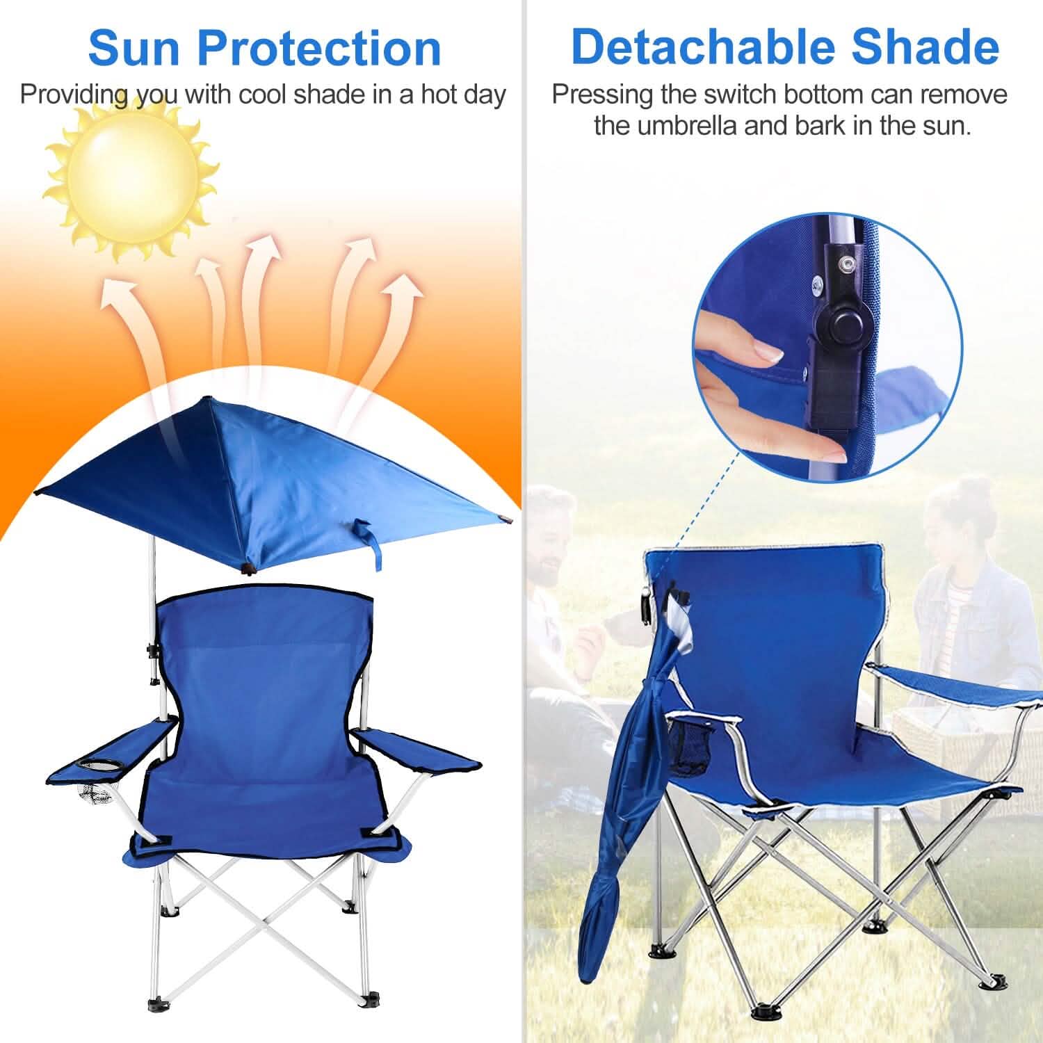 Foldable Beach Chair with Detachable Armrest Adjustable Canopy Stool with Cup Holder Outdoor Recreation - Tophatter Daily Deals