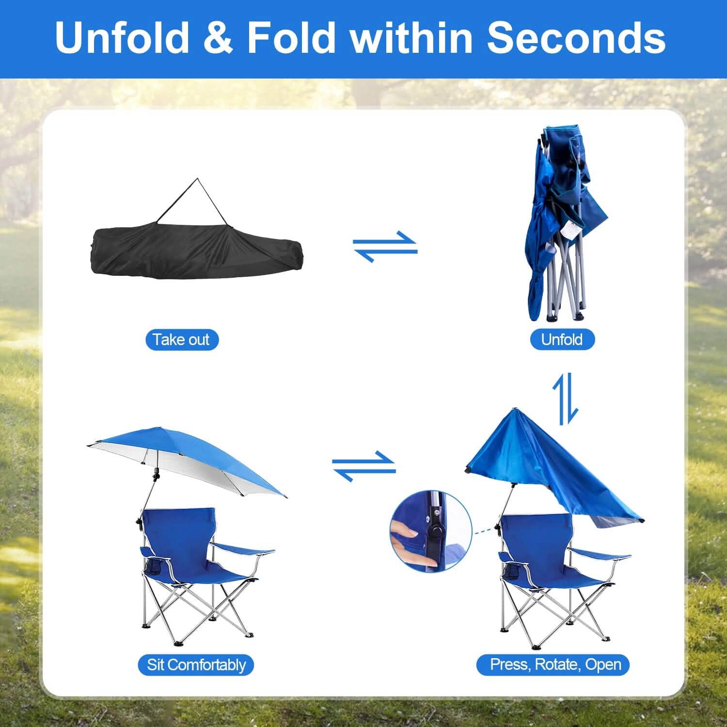 Foldable Beach Chair with Detachable Armrest Adjustable Canopy Stool with Cup Holder Outdoor Recreation - Tophatter Daily Deals