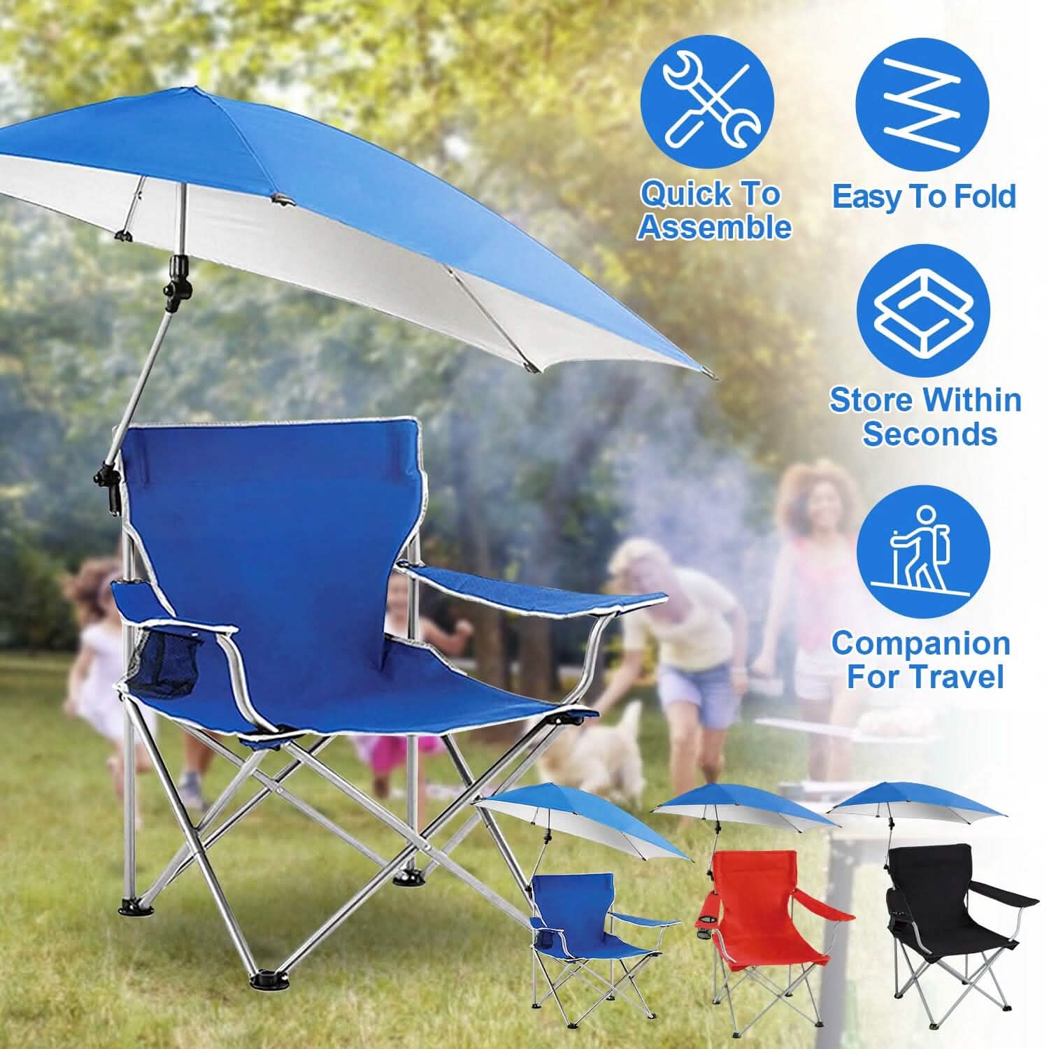 Foldable Beach Chair with Detachable Armrest Adjustable Canopy Stool with Cup Holder Outdoor Recreation - Tophatter Daily Deals