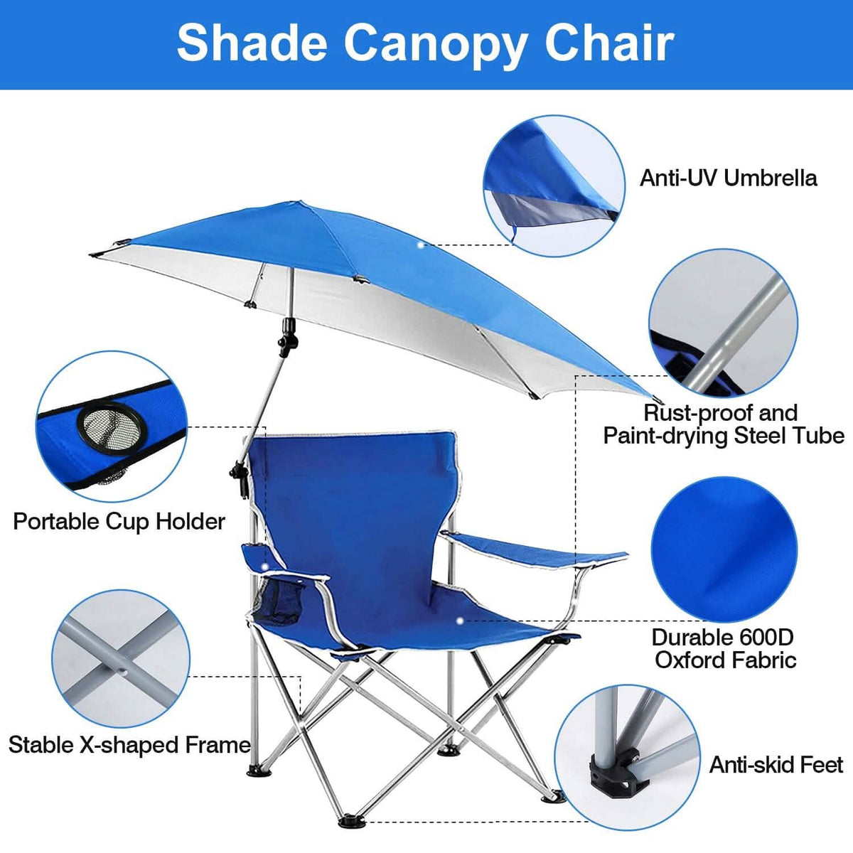 Foldable Beach Chair with Detachable Armrest Adjustable Canopy Stool with Cup Holder Outdoor Recreation - Tophatter Daily Deals
