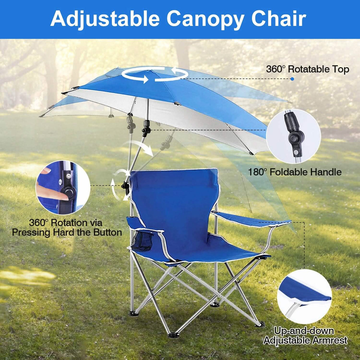Foldable Beach Chair with Detachable Armrest Adjustable Canopy Stool with Cup Holder Outdoor Recreation - Tophatter Daily Deals