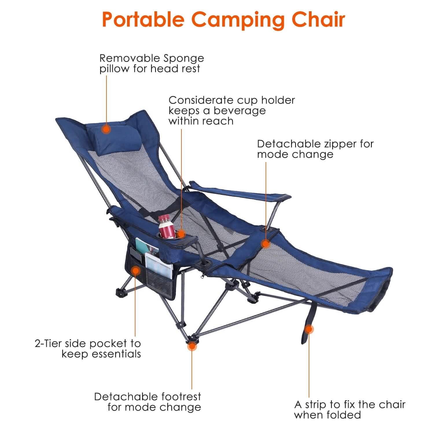 Foldable Camping Chair Heavy Duty Steel Lawn Chair with Reclining Backrest Angle Outdoor Recreation - Tophatter Daily Deals