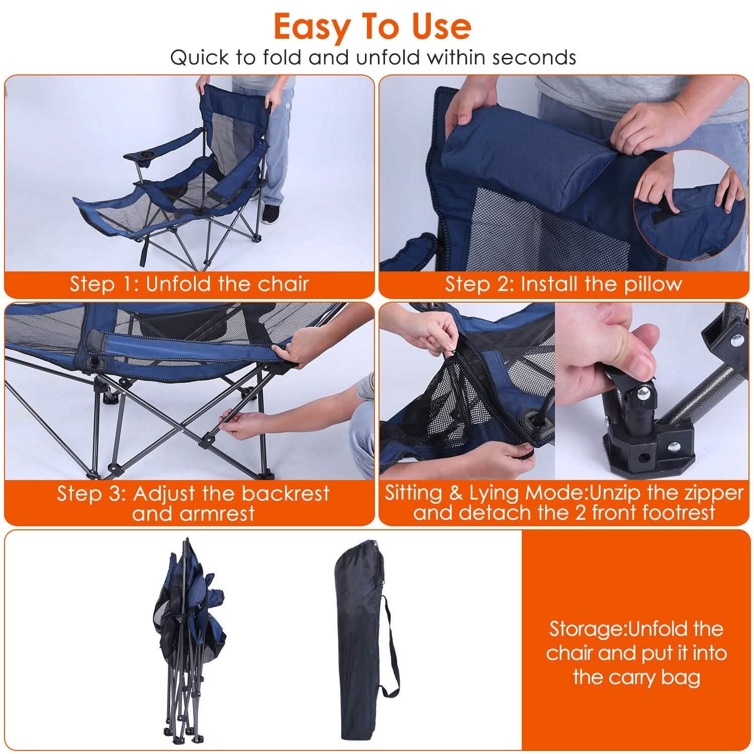 Foldable Camping Chair Heavy Duty Steel Lawn Chair with Reclining Backrest Angle Outdoor Recreation - Tophatter Daily Deals