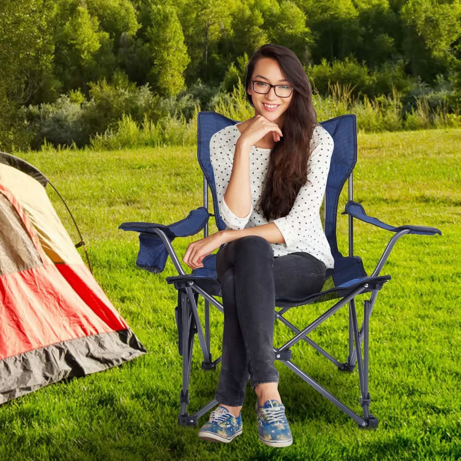 Foldable Camping Chair Heavy Duty Steel Lawn Chair with Reclining Backrest Angle Outdoor Recreation - Tophatter Daily Deals