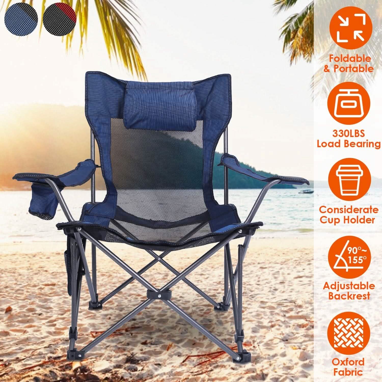Foldable Camping Chair Heavy Duty Steel Lawn Chair with Reclining Backrest Angle Outdoor Recreation - Tophatter Daily Deals