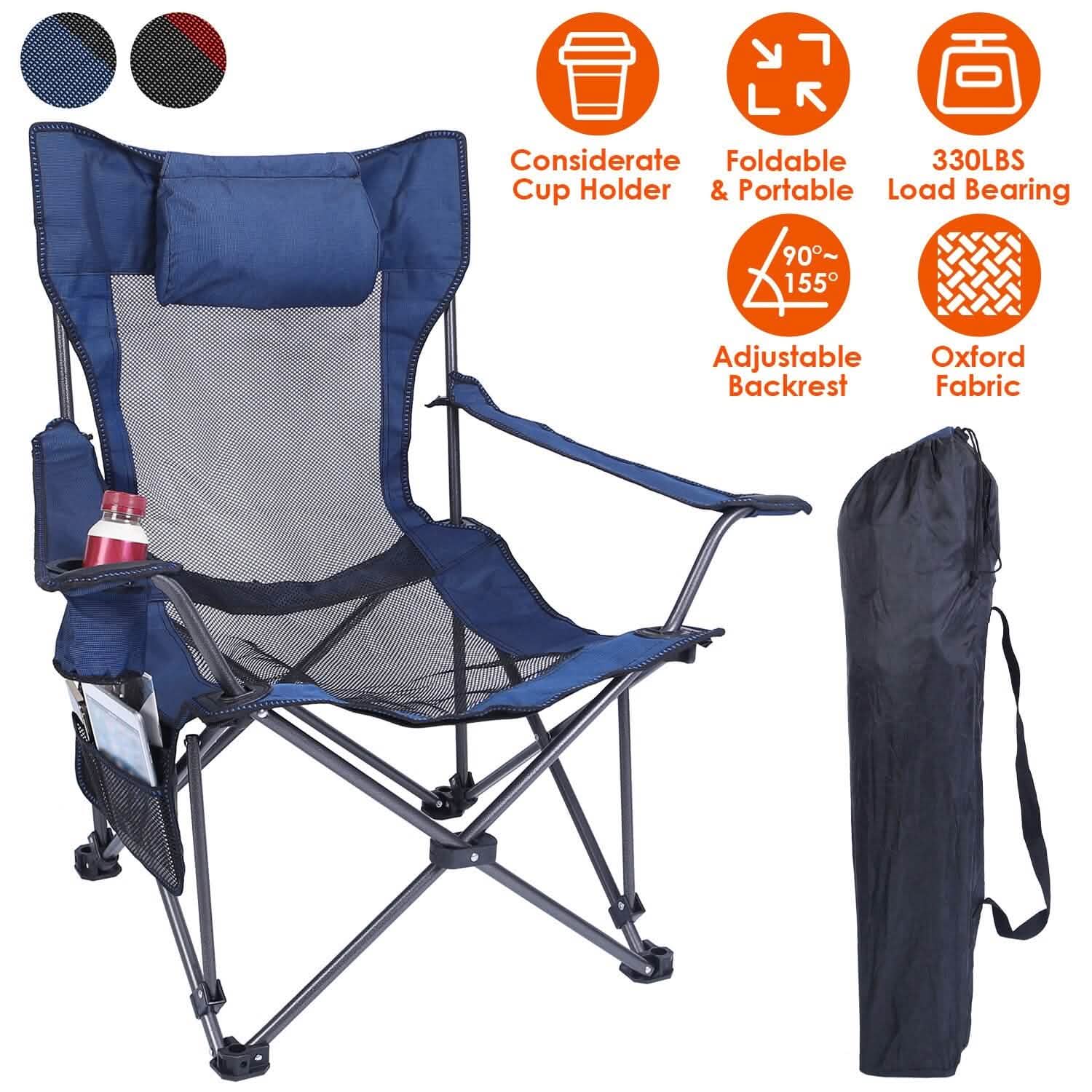 Foldable Camping Chair Heavy Duty Steel Lawn Chair with Reclining Backrest Angle Outdoor Recreation - Tophatter Daily Deals