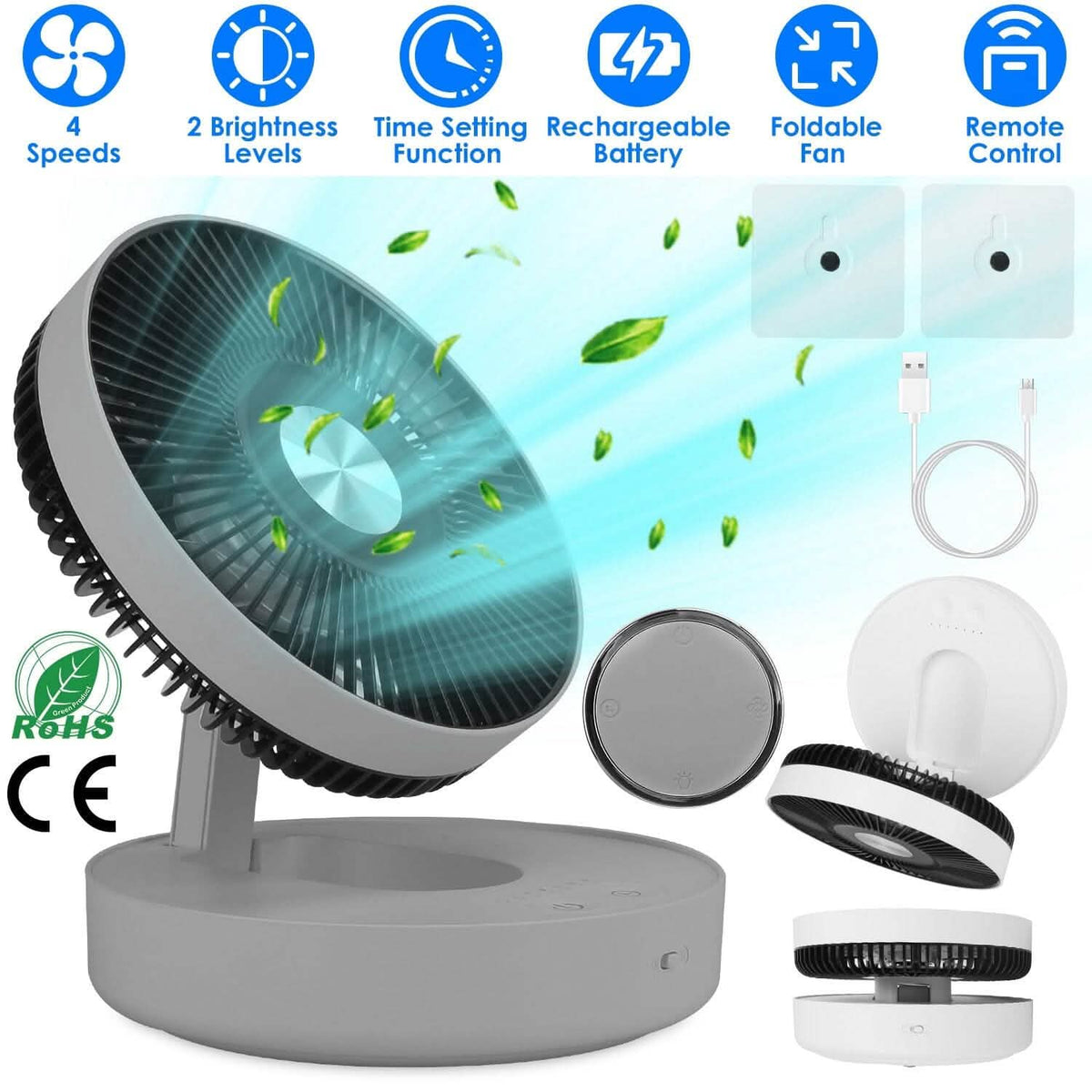 Foldable Rechargeable LED Desk Fan Wall Mounted with Magnetic Remote Household Appliances - Tophatter Daily Deals