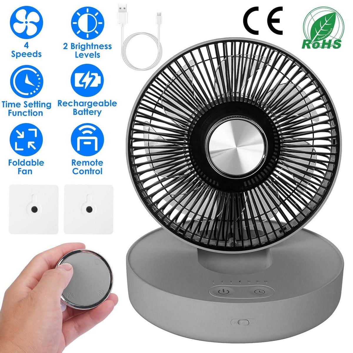 Foldable Rechargeable LED Desk Fan Wall Mounted with Magnetic Remote Household Appliances - Tophatter Daily Deals