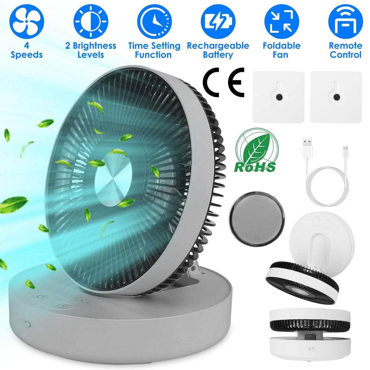 Foldable Rechargeable LED Desk Fan Wall Mounted with Magnetic Remote Household Appliances - Tophatter Daily Deals