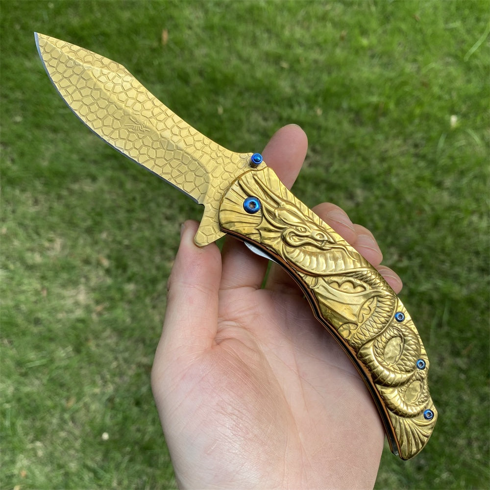 Ultimate 3D Relief Sculpture Folding Knife Collection Golden Serpent - Tophatter Daily Deals
