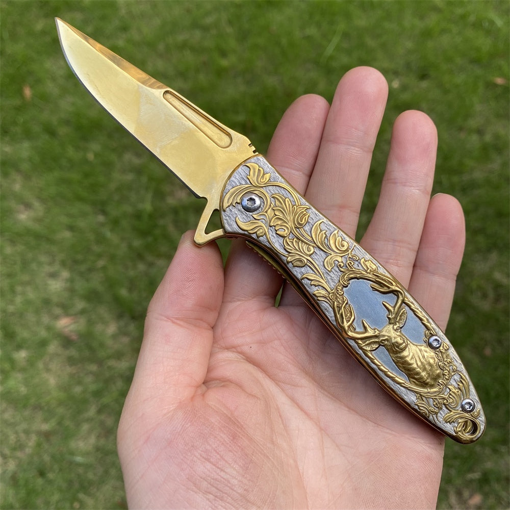 Ultimate 3D Relief Sculpture Folding Knife Collection Deer Golden - Tophatter Daily Deals
