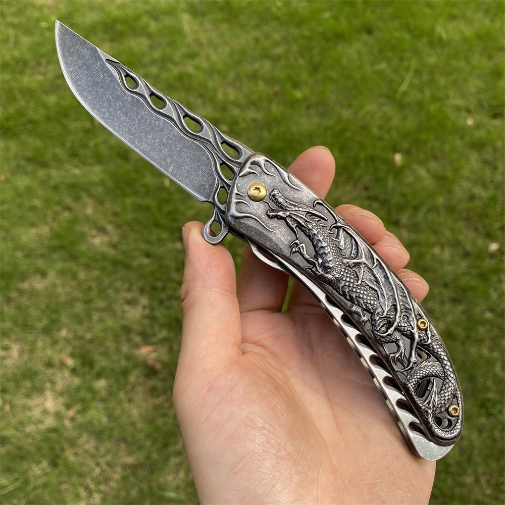Ultimate 3D Relief Sculpture Folding Knife Collection Flying Dragon Black - Tophatter Daily Deals