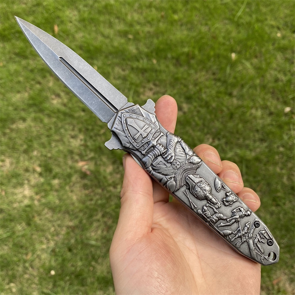 Ultimate 3D Relief Sculpture Folding Knife Collection Crusaders Black - Tophatter Daily Deals