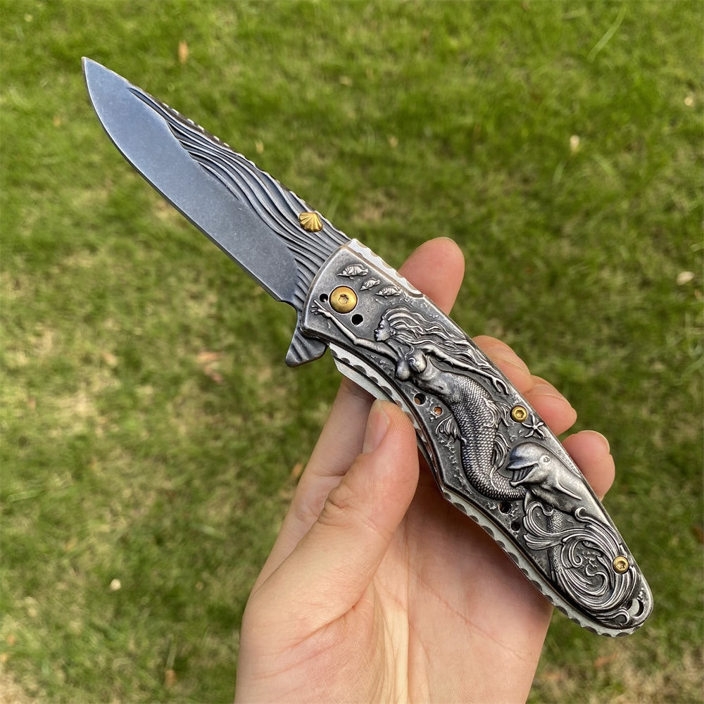 Ultimate 3D Relief Sculpture Folding Knife Collection Little Mermaid Black - Tophatter Daily Deals