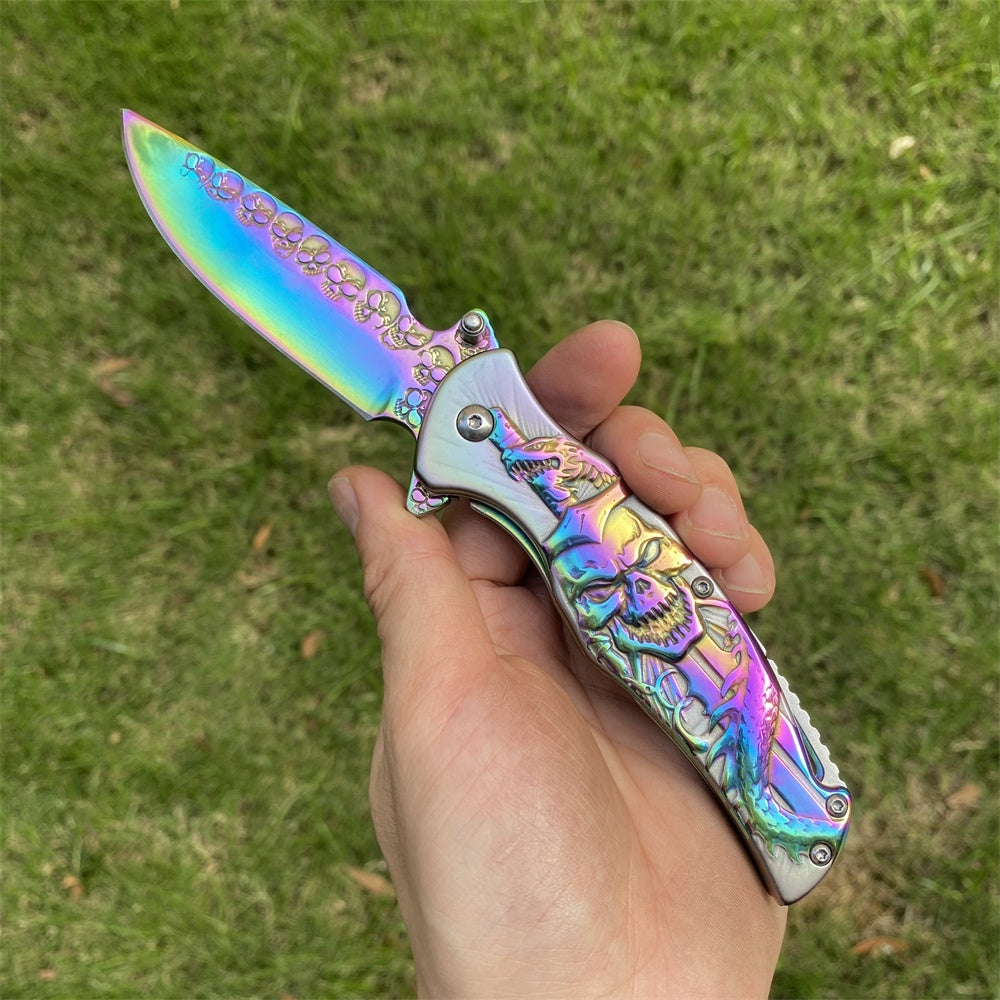 Ultimate 3D Relief Sculpture Folding Knife Collection Skull & Sword Rainbow - Tophatter Daily Deals