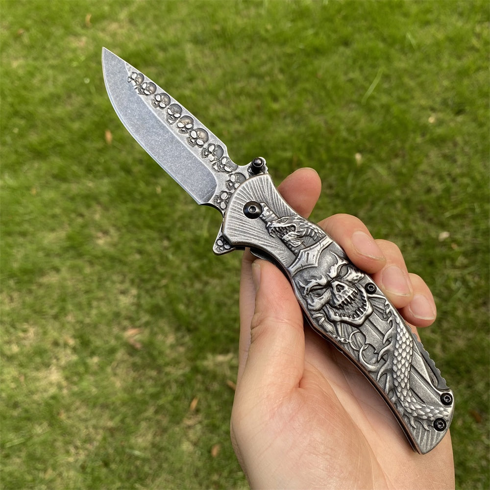Ultimate 3D Relief Sculpture Folding Knife Collection Skull & Sword Black - Tophatter Daily Deals