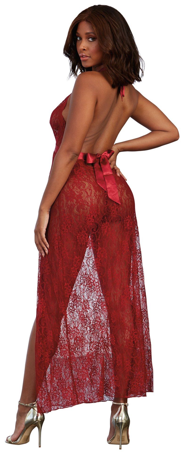 Garnet Lace Gown with Satin Tie Waist and Coordinating G-String (Small) – Delicate Long Lingerie Gown Set > Clothes > Dresses and Chemises - Tophatter Daily Deals