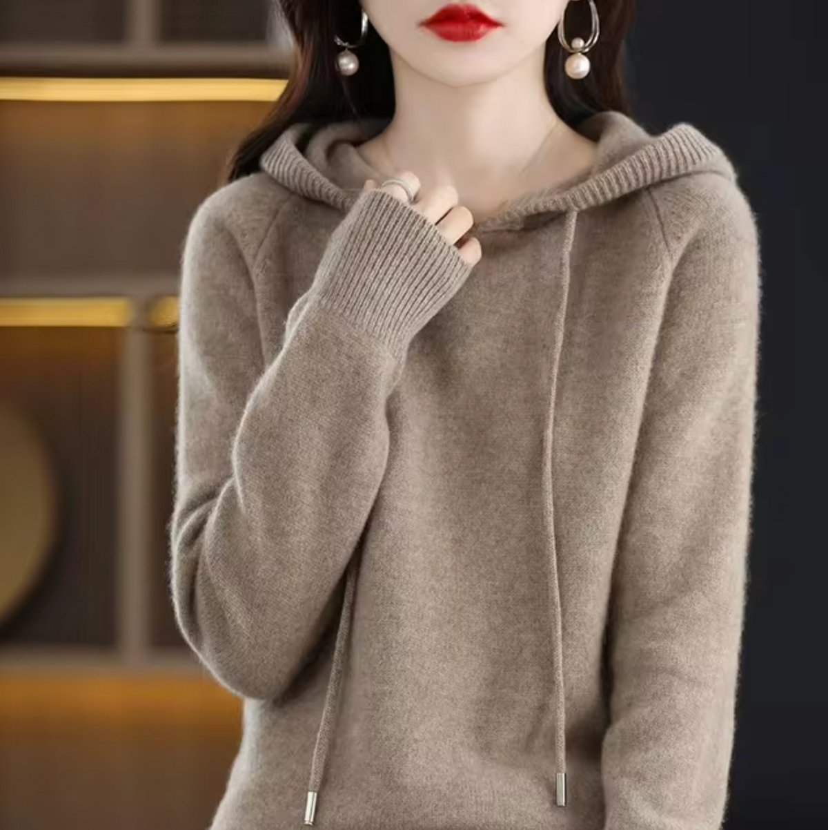 Warm Cozy Womens Knit Hoodie - Relaxed Fit, Soft Knit camel - Tophatter Daily Deals