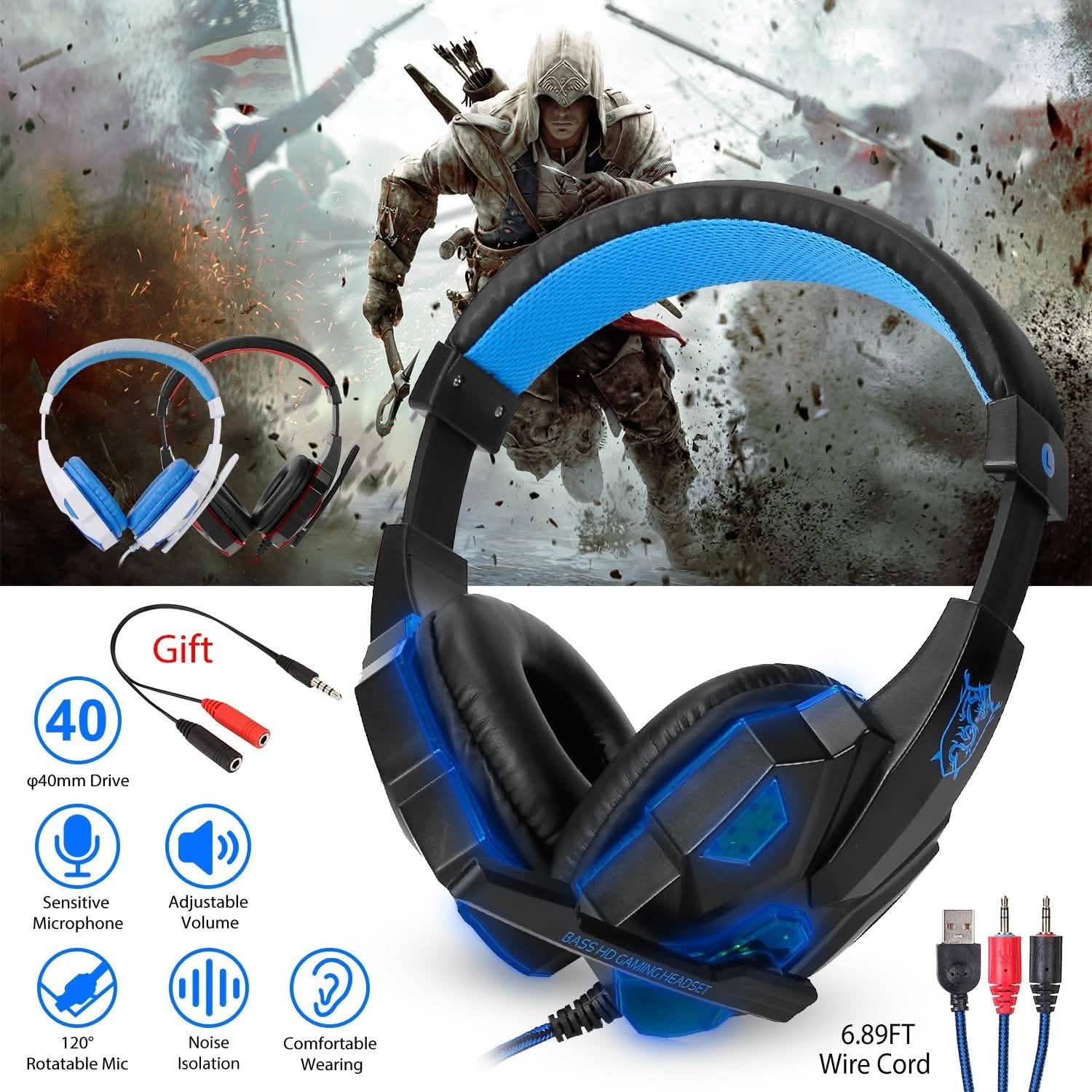 Gaming Headsets Stereo Bass Over Ear Headphones with LED Light Earmuff Headphones - Tophatter Daily Deals