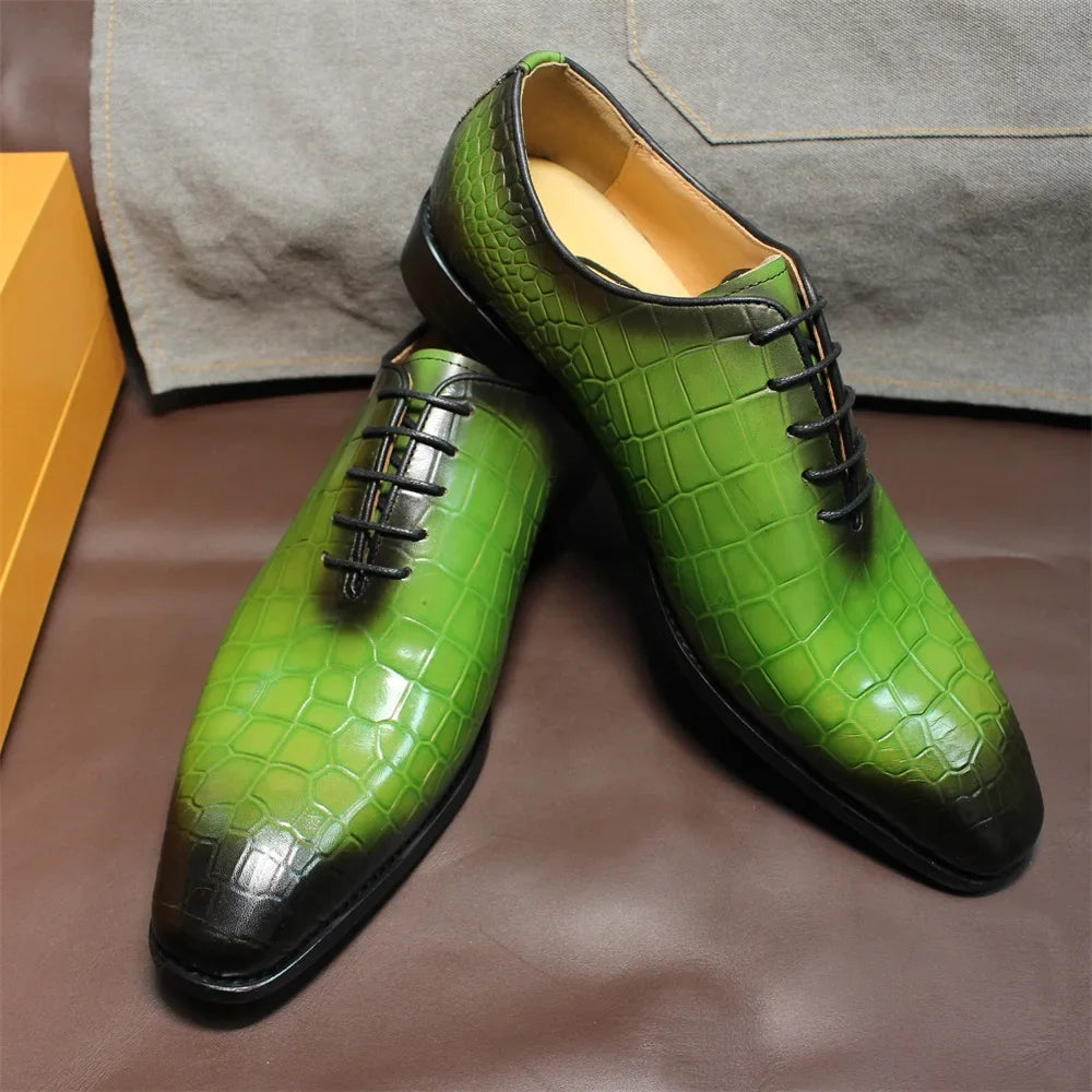 Men Genuine Cow Leather Green Dress Shoes Crocodile Leather Shoes - Tophatter Daily Deals