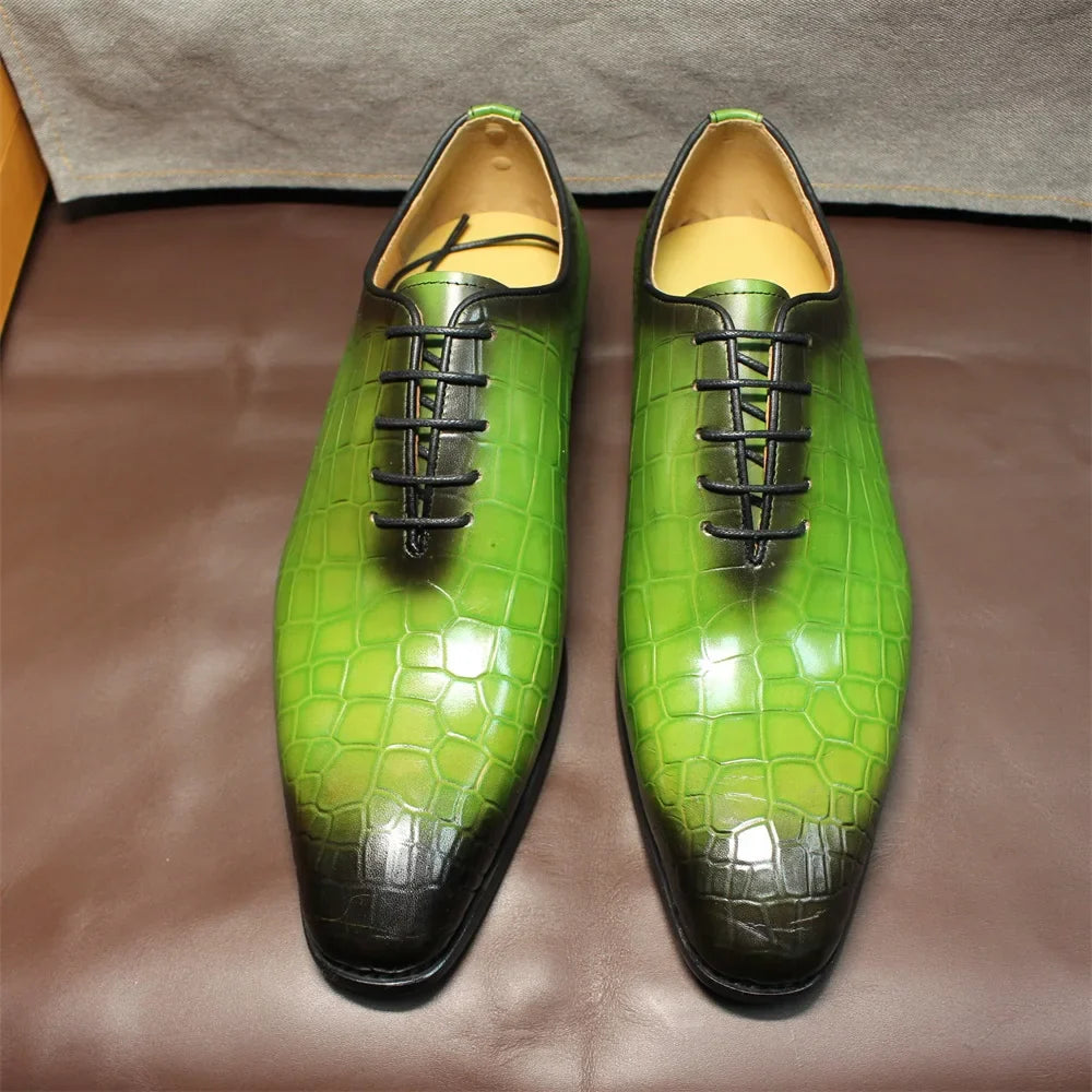 Men Genuine Cow Leather Green Dress Shoes Crocodile Leather Shoes - Tophatter Daily Deals