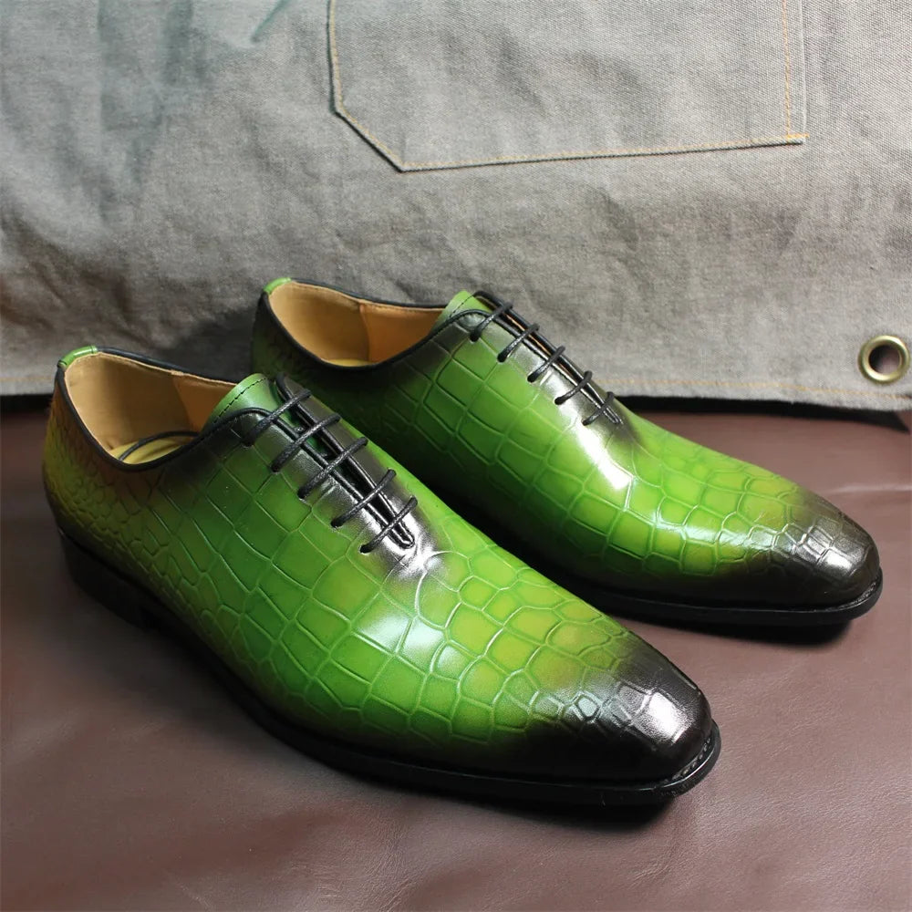 Men Genuine Cow Leather Green Dress Shoes Crocodile Leather Shoes - Tophatter Daily Deals