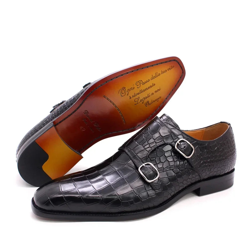 Genuine Leather Luxury Crocodile Print Double Buckle Pointed Toe Men Dresses Shoes - Tophatter Daily Deals