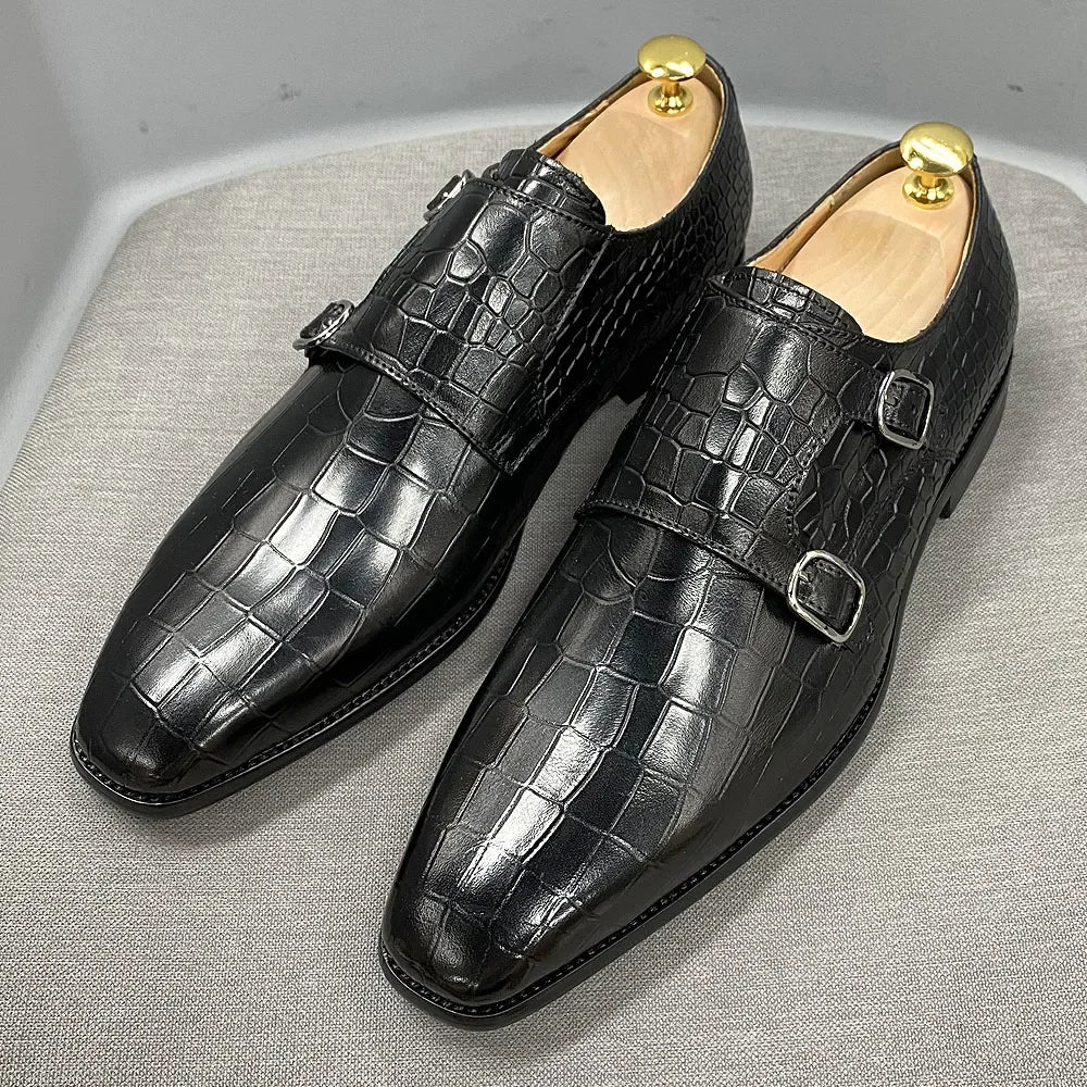 Genuine Leather Luxury Crocodile Print Double Buckle Pointed Toe Men Dresses Shoes - Tophatter Daily Deals