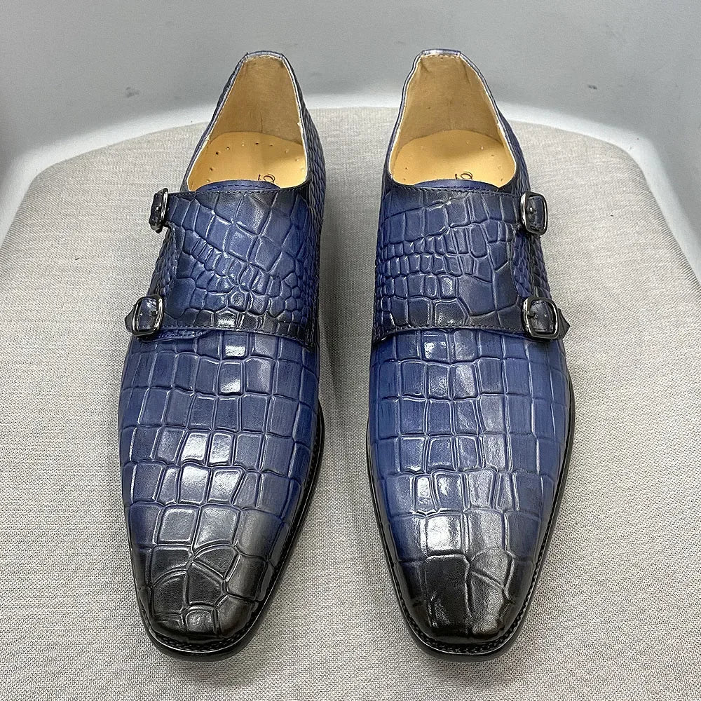 Genuine Leather Luxury Crocodile Print Double Buckle Pointed Toe Men Dresses Shoes - Tophatter Daily Deals
