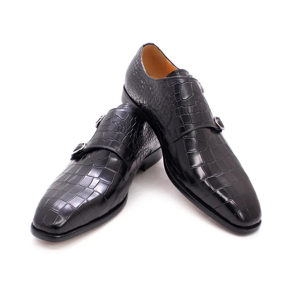 Genuine Leather Luxury Crocodile Print Double Buckle Pointed Toe Black Men Dresses Shoes - Tophatter Daily Deals