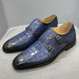 Genuine Leather Luxury Crocodile Print Double Buckle Pointed Toe Blue Men Dresses Shoes - Tophatter Daily Deals