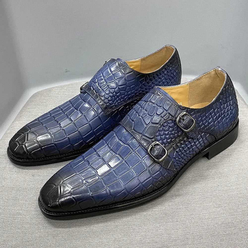 Genuine Leather Luxury Crocodile Print Double Buckle Pointed Toe Blue Men Dresses Shoes - Tophatter Daily Deals