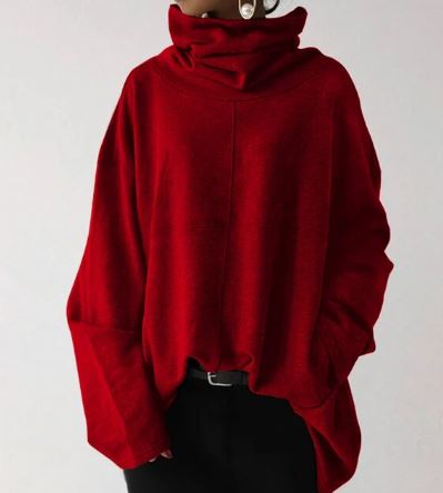 Oversized Women Turtleneck Sweatshirt - Funnel Neck, Cotton Red - Tophatter Daily Deals