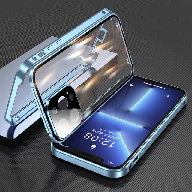 Metal Magnetic Double-Sided Glass Snap Lock Phone Case For iPhone Blue iPhone Cases - Tophatter Daily Deals