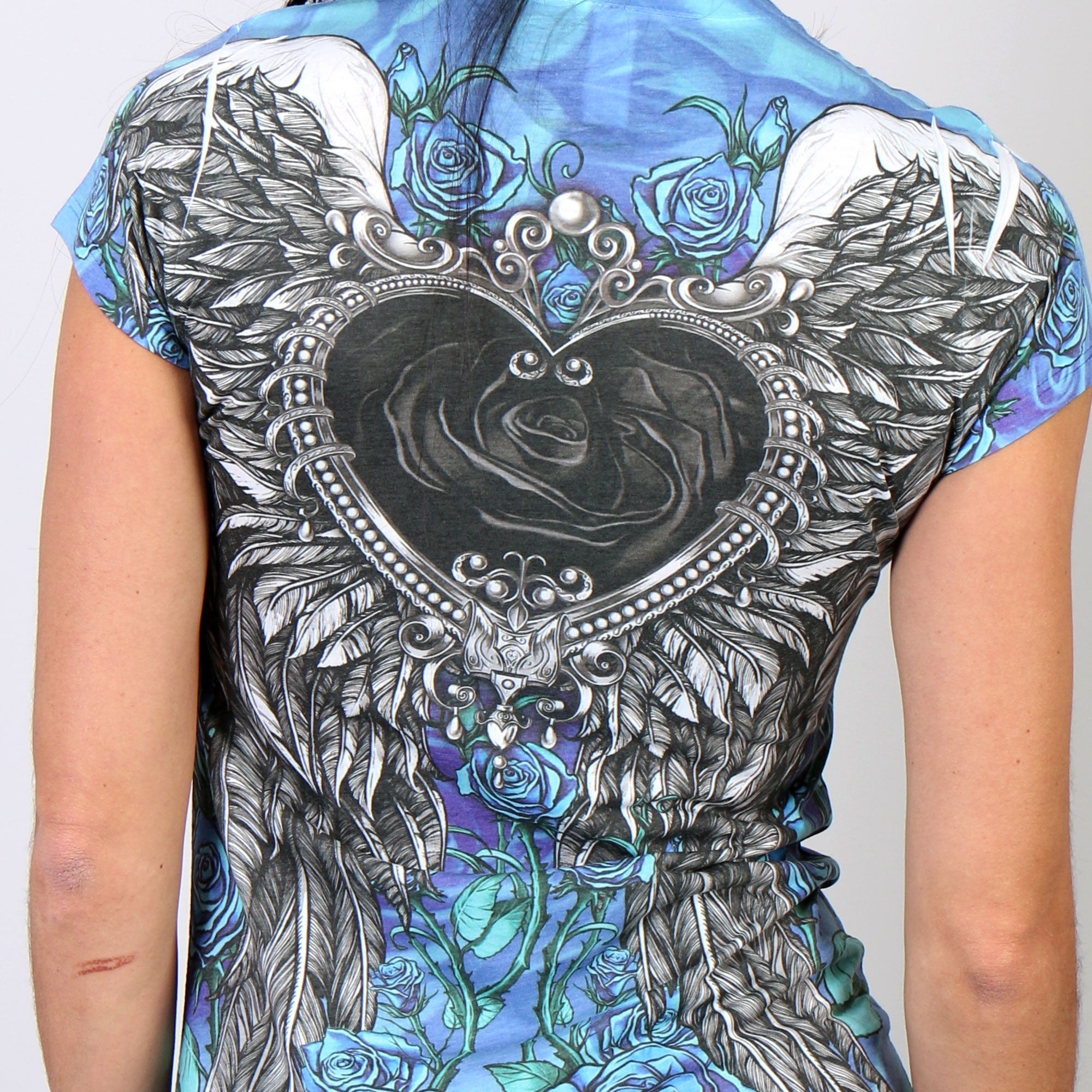 Hot Leathers Angel Roses Wings Allover Sublimation Ladies T-Shirt Ladies Short Sleeve - Tophatter Daily Deals