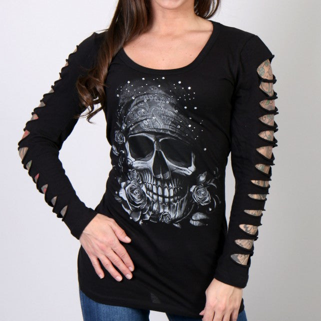 Hot Leathers Bandana Skull Ladies Slit Cut Long Sleeve w/ Rhinestones Ladies Long Sleeve - Tophatter Daily Deals