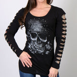 Hot Leathers Bandana Skull Ladies Slit Cut Long Sleeve w/ Rhinestones Ladies Long Sleeve - Tophatter Daily Deals