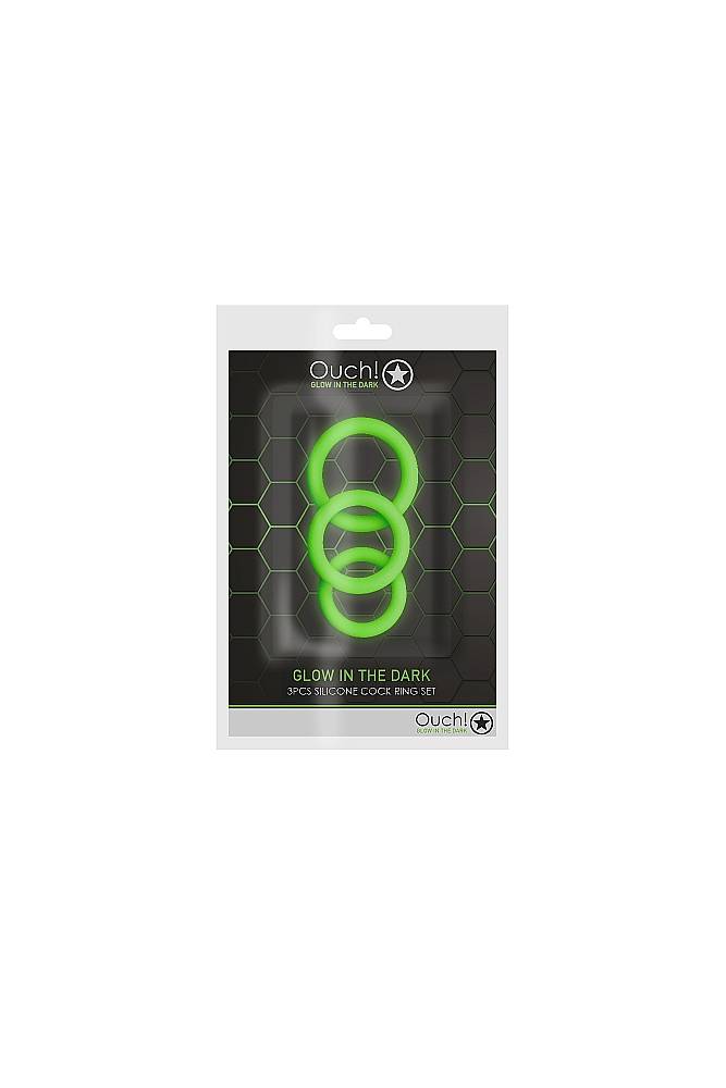 Ouch by Shots Toys - 3 pc Cock Ring Set - Glow in the Dark Sex Toy - Tophatter Daily Deals